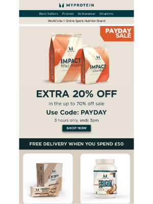 Myprotein (United Kingdom) - 🚨 3 Hours Only: Extra 20% OFF 🚨