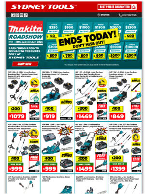 Sydney Tools (Australia) - MAKITA ROADSHOW ENDS TODAY! Earn Bonus Points on Makita Products, DON'T MISS OUT! Shop In-store or Online Today!