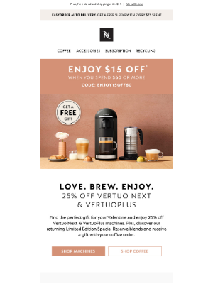 Nespresso (UK) - Feel the love this Valentine’s Day with $15 off!