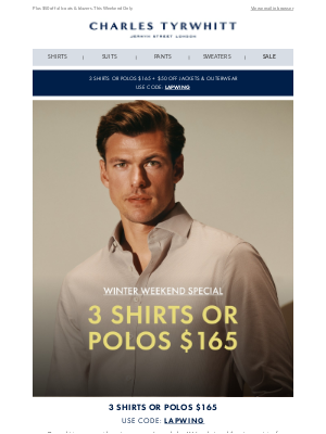 Charles Tyrwhitt - 3 Shirts or Polos For $165 Starts NOW