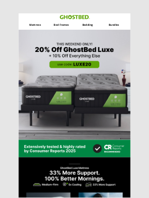 GhostBed - FINAL CHANCE: 20% off LUXE Mattress