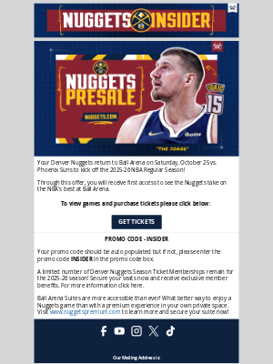 Denver Nuggets - Your Denver Nuggets 2025-26 Single Game Presale is NOW!