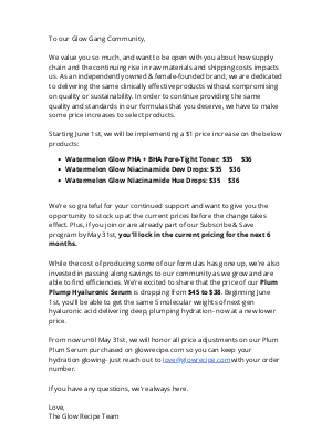 Glow Recipe - Adjustments to our pricing