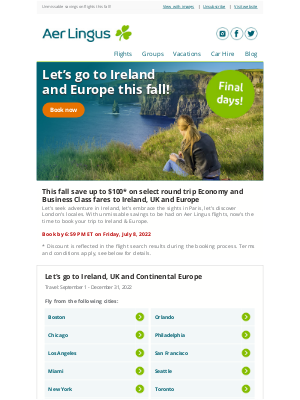 Aer Lingus - ✈️ Final days! Save up to $100 off fall fares to Ireland, UK & Europe