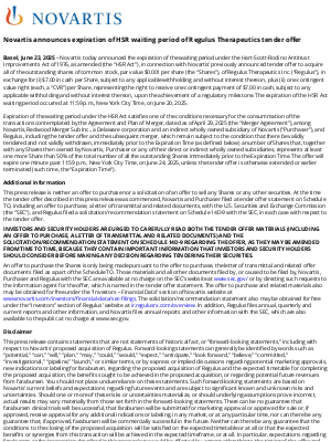Novartis - Novartis announces expiration of HSR waiting period of Regulus Therapeutics tender offer