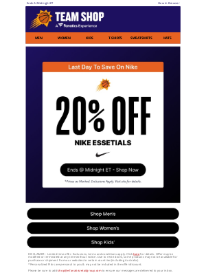Phoenix Suns - The Clock Is Ticking... 20% Off Official Suns Nike Gear