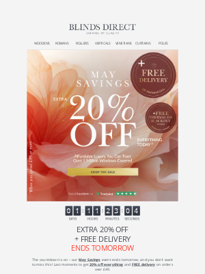 Blinds Direct (United Kingdom) - Ends tomorrow: 20% off + FREE delivery