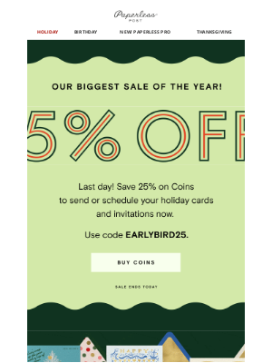 Paperless Post - Last day to save 25% on Coins