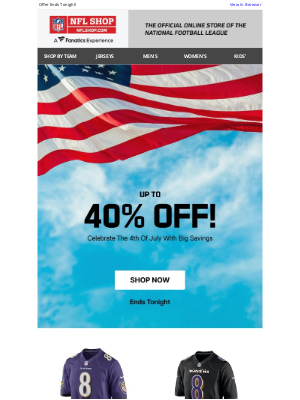 NFLshop - Happy 4th Of July! Up to 40% Off Ends Today!