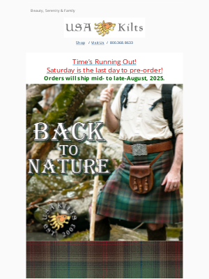 USA Kilts - Last Chance for Back to Nature Tartan!