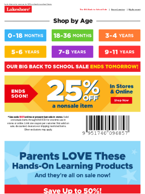 Lakeshore Learning - Final Weekend! 25% Off + Big Back to School Sale