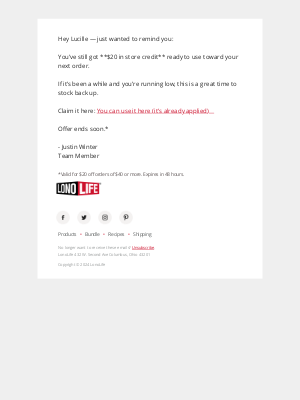 LonoLife - Store credit reminder (48 hrs left)