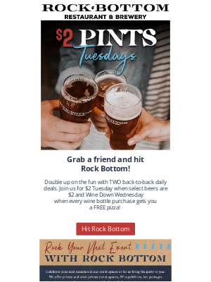 Rock Bottom Restaurant & Brewery - Daily Deals at RB: $2 Tuesdays & Wine Down Wednesday ✨