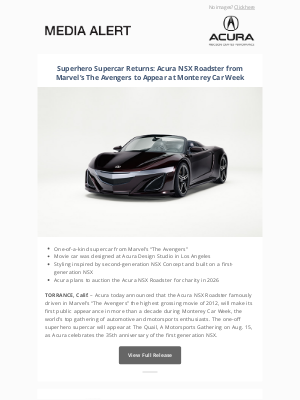 Honda - Superhero Supercar Returns: Acura NSX Roadster from Marvel’s The Avengers to Appear at Monterey Car Week