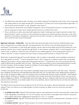 Novo Nordisk - Novo Nordisk A/S: Once-weekly Sogroya® (somapacitan) is an efficacious and well-tolerated long-acting growth hormone in children with growth disorders: results from REAL8 phase 3 basket study presented at the joint Congress of ESPE and ESE