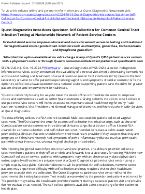 Quest Diagnostics - Quest Diagnostics Introduces Specimen Self-Collection for Common Genital Tract Infection Testing at Nationwide Network of Patient Service Centers