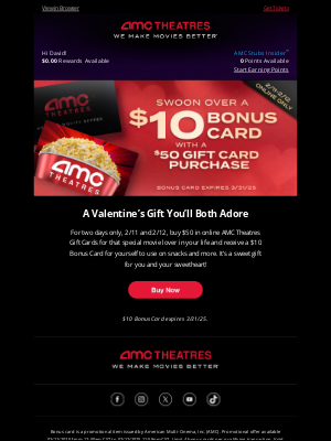 AMC Theatres - Two Days Only: Get a $10 Valentine’s Bonus