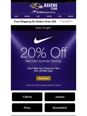 Baltimore Ravens - Last Day To Save 20% On Nike + Free Shipping!
