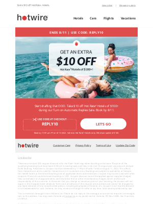 Hotwire - 🗓️🏖️ 72-HOUR SALE: The Turn on Automatic Replies Sale is, you guessed it, on.