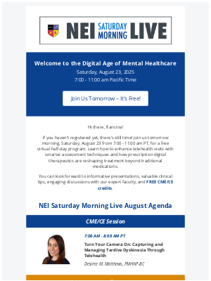 Neuroscience Education Institute - Are you joining us tomorrow at NEI Saturday Morning Live?