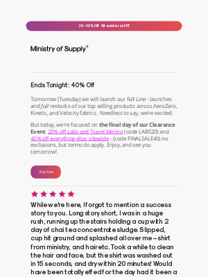 Ministry of Supply - Hours To Go: 40% Off Clearance