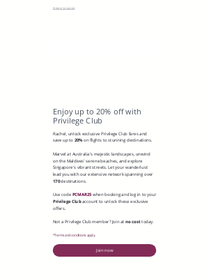 Qatar Airways - Rachel, unlock up to 20% off, when you join Privilege Club