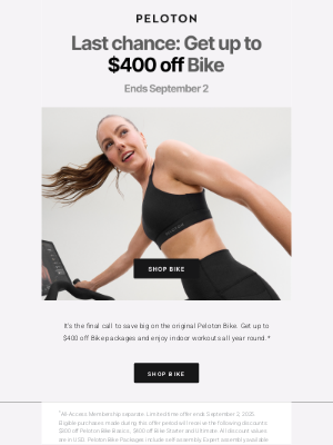 Peloton - Last chance: Get up to $400 off Bike packages