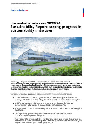 dormakaba - dormakaba releases 2023/24 Sustainability Report: strong progress in sustainability initiatives