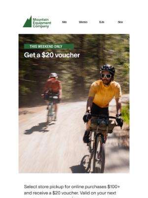 MEC (Canada) - Spend $100+ online, get a $20 voucher