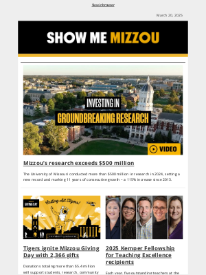 Missouri University - Mizzou's research exceeds $500 million; Giving Day totals; and more