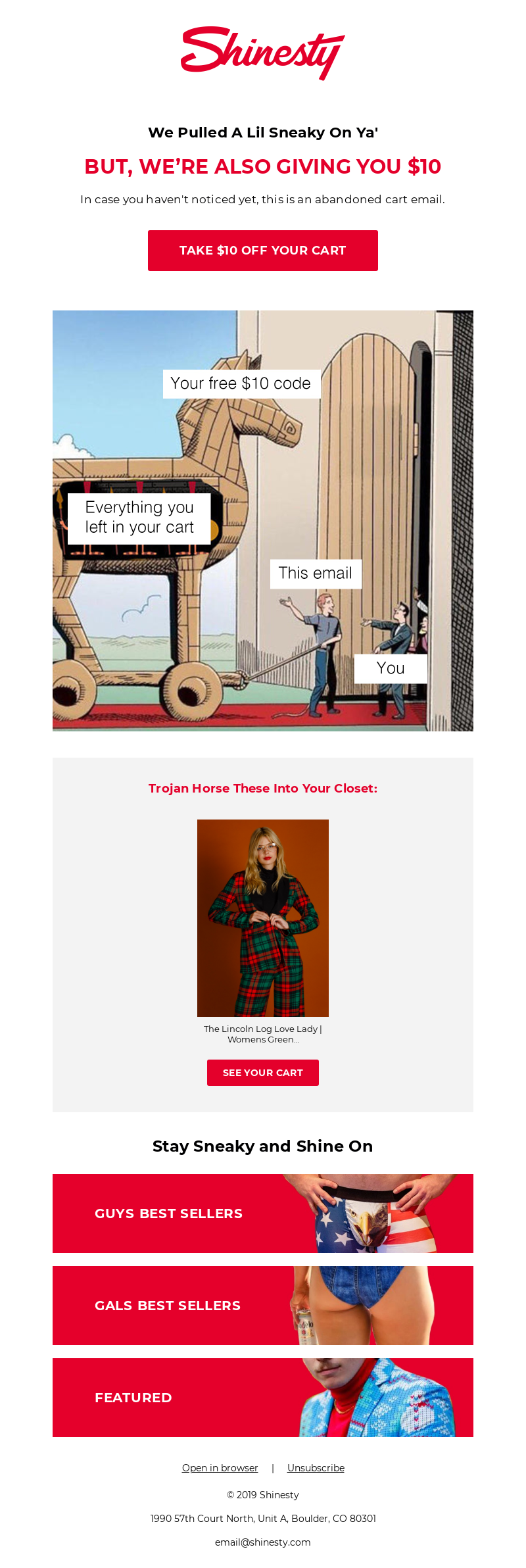 Funny abandoned cart email example from Shinesty