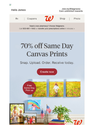 Walgreens - Your summer on canvas with 70% off Same Day Canvas Prints 
