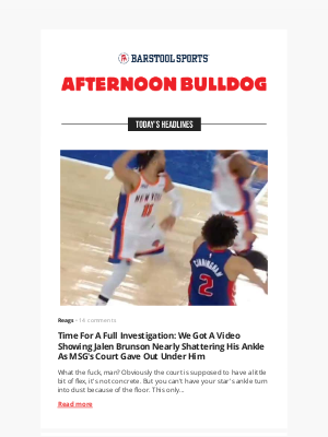 Barstool Sports - Time For A Full Investigation: We Got A Video Showing Jalen Brunson Nearly Shattering His Ankle As MSG's Court Gave Out Under Him