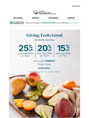 1-800-Baskets - Baskets of fresh fruit make everything better - up to 25% off!