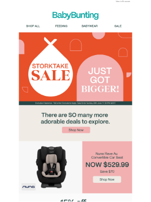 Baby Bunting (Australia) - More Deals, More Cuteness – Shop the Bigger Storktake Sale! 🍼