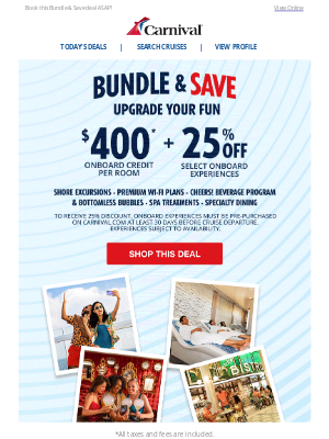 Carnival Cruise Line - DEAL ALERT 🚨 $400 onboard credit AND 25% off onboard experiences 🤩