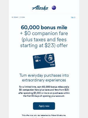 Alaska Airlines - Earn 60,000 bonus miles + a $0 companion fare