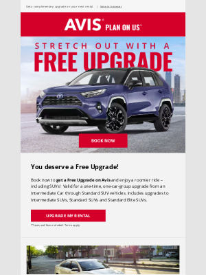 Avis Car Rental - REMINDER: Level up with a Free Upgrade – including SUVs!