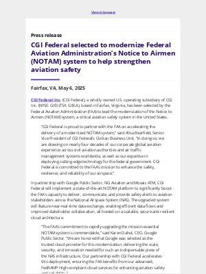 CGI - CGI Federal selected to modernize Federal Aviation Administration’s Notice to Airmen (NOTAM) system to help strengthen aviation safety