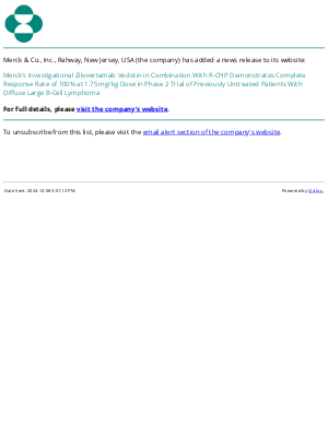 Merck & Co - Merck’s Investigational Zilovertamab Vedotin in Combination With R-CHP Demonstrates Complete Response Rate of 100% at 1.75 mg/kg Dose in Phase 2 Trial of Previously Untreated Patients With Diffuse Large B-Cell Lymphoma