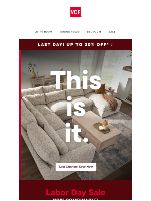 Value City Furniture - It's OVER...almost! Up to 20% OFF for one more day.