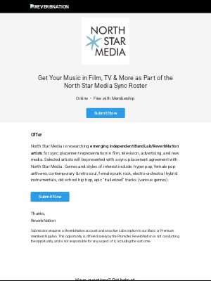 ReverbNation - Last Call: Get your music on TV, film, & advertising with North Star Media 