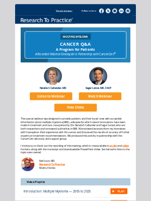 Research To Practice - Cancer Q&A: A Program for Patients on Multiple Myeloma — Audio and Video from a Unique Webinar