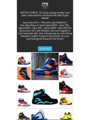 Ewing Athletics - BIG RESTOCK ALERT! Save Extra 25% + Bonus 15%!