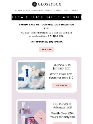GlossyBox (United Kingdom) - Bank Holiday Exclusive: Get our previous boxes for only £10!