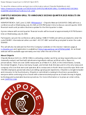Chipotle Mexican Grill - CHIPOTLE MEXICAN GRILL TO ANNOUNCE SECOND QUARTER 2025 RESULTS ON JULY 23, 2025