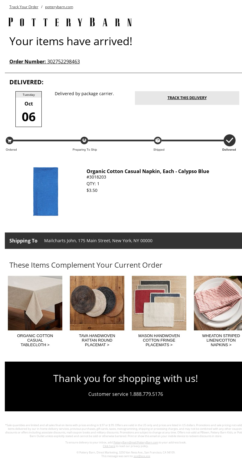 Pottery Barn - Pottery Barn Delivery Confirmation #302752298463