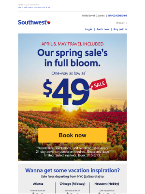 Southwest Airlines - FINAL DAY: $49 spring travel sale.