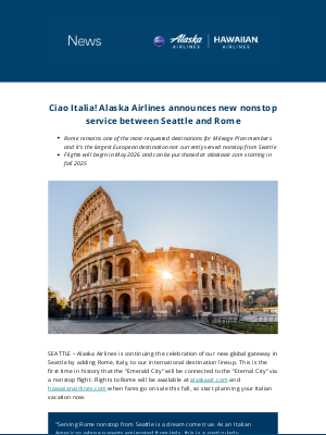 Alaska Airlines - Ciao Italia! Alaska Airlines announces new nonstop service between Seattle and Rome