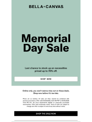 Bella + Canvas - Memorial Day Sale: Last Chance to Save!